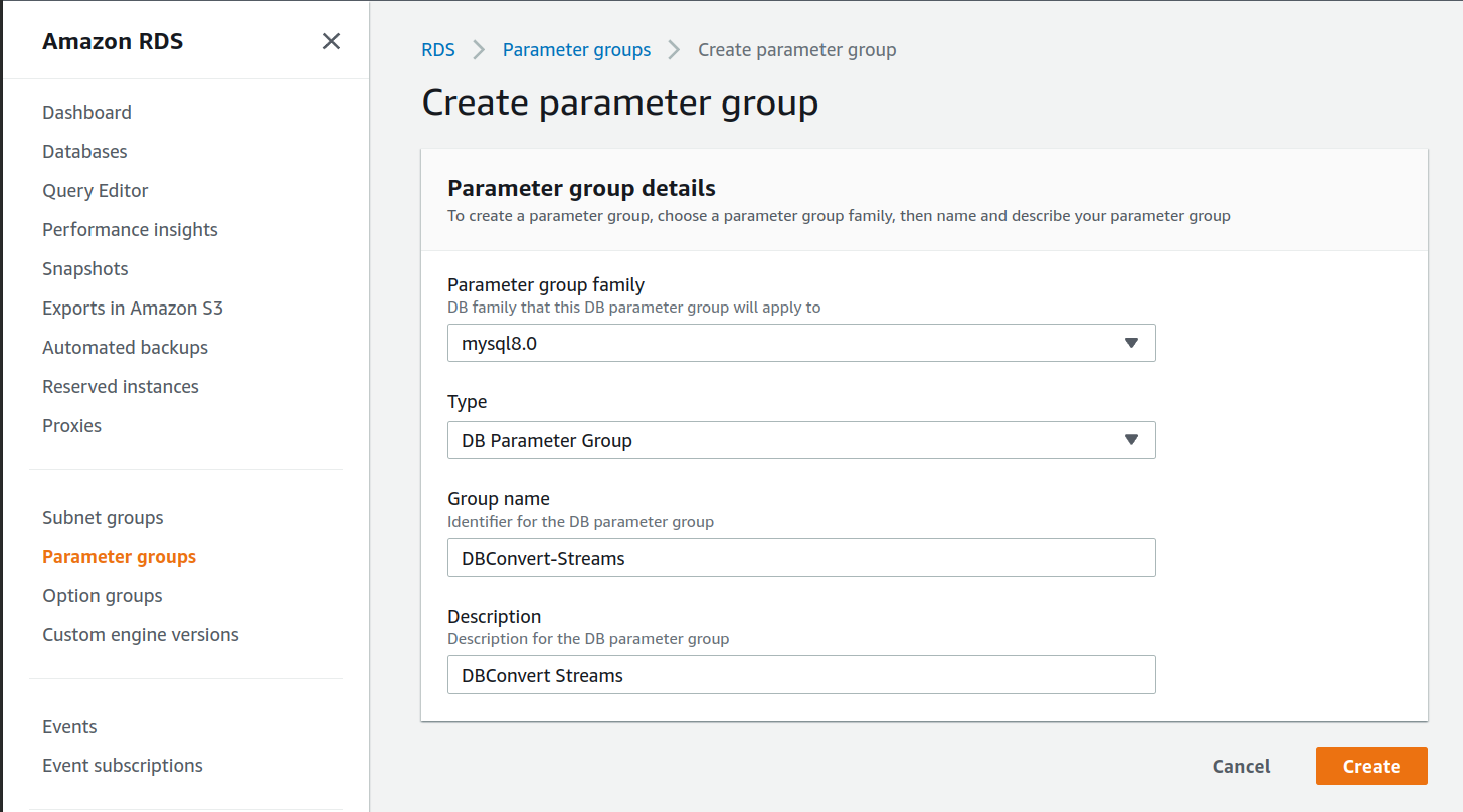 Create new Parameter group